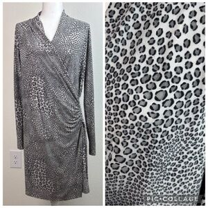 Norma Kamali faux wrap waist snow leopard long sleeve jersey knit dress L